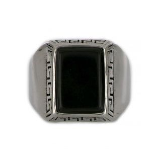 Ring made of stainless steel with discreet meander design and black stone. - 