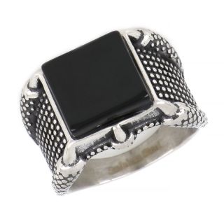 Ring made of stainless steel with embossed design and one big black stone. - 