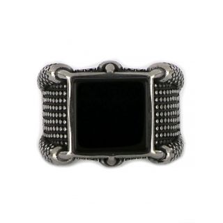 Ring made of stainless steel with embossed design and one big black stone. - 