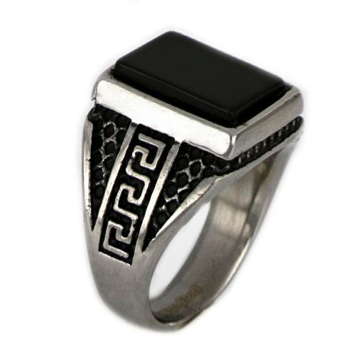 Ring made of stainless steel with embossed meander to the sides and black stone.