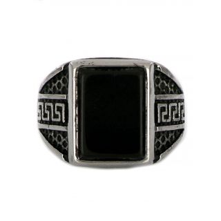 Ring made of stainless steel with embossed meander to the sides and black stone. - 