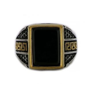 Ring made of stainless steel with embossed gold plated meander to the sides and black stone. - 
