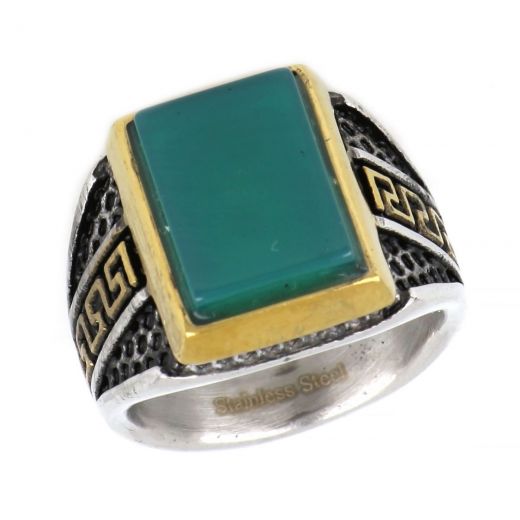Ring made of stainless steel with embossed gold plated meander to the sides and green onyx stone
