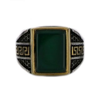 Ring made of stainless steel with embossed gold plated meander to the sides and green onyx stone - 