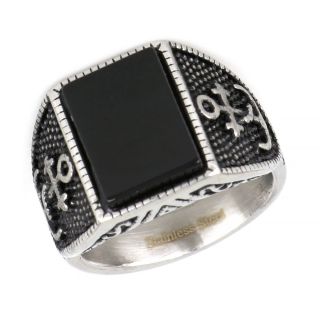 Ring made of stainless steel with embossed anchor design to the sides and black stone. - 