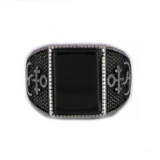 Ring made of stainless steel with embossed anchor design to the sides and black stone. - 