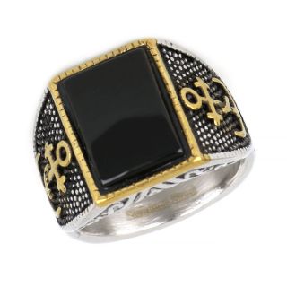 Ring made of stainless steel with embossed gold plated anchor design to the sides and black stone. - 