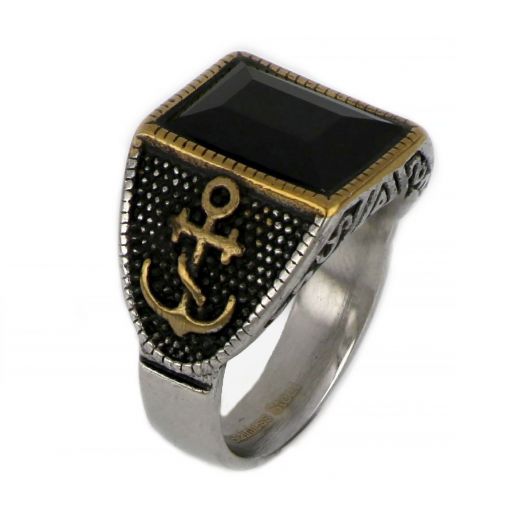 Ring made of stainless steel with embossed gold plated anchor design to the sides and black stone.