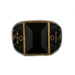 Ring made of stainless steel with embossed gold plated anchor design to the sides and black stone. - 