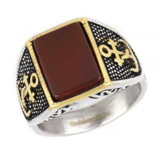 Ring made of stainless steel with embossed gold plated anchor design to the sides and carnelian stone. - 