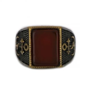 Ring made of stainless steel with embossed gold plated anchor design to the sides and carnelian stone. - 