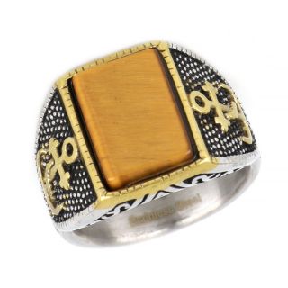 Ring made of stainless steel with embossed gold plated anchor design to the sides and tiger eye stone. - 