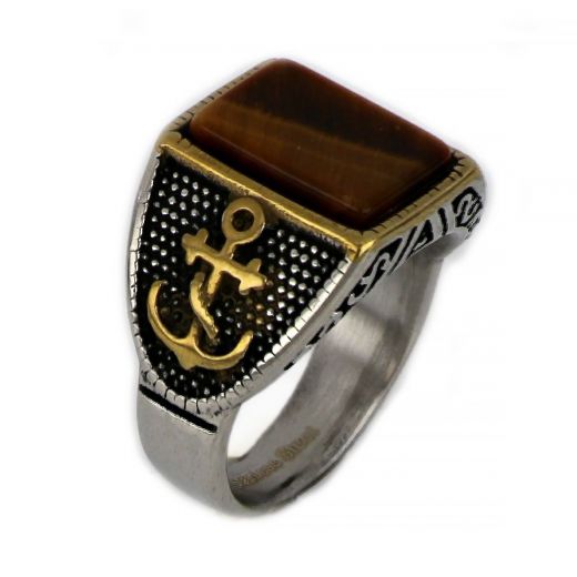 Ring made of stainless steel with embossed gold plated anchor design to the sides and tiger eye stone.