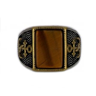 Ring made of stainless steel with embossed gold plated anchor design to the sides and tiger eye stone. - 