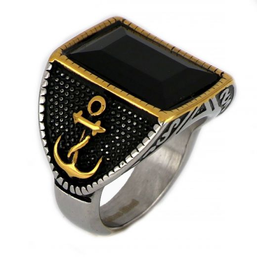 Ring made of stainless steel with two gold plated anchors to the sides and black stone.