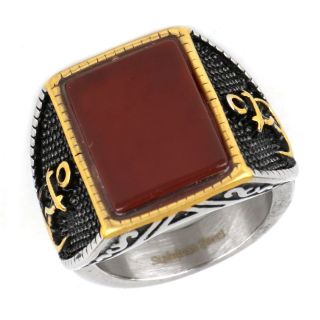 Ring made of stainless steel with two gold plated anchors to the sides and carnelian stone. - 