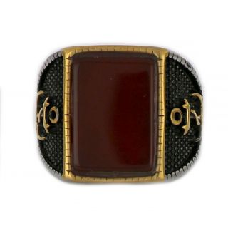 Ring made of stainless steel with two gold plated anchors to the sides and carnelian stone. - 