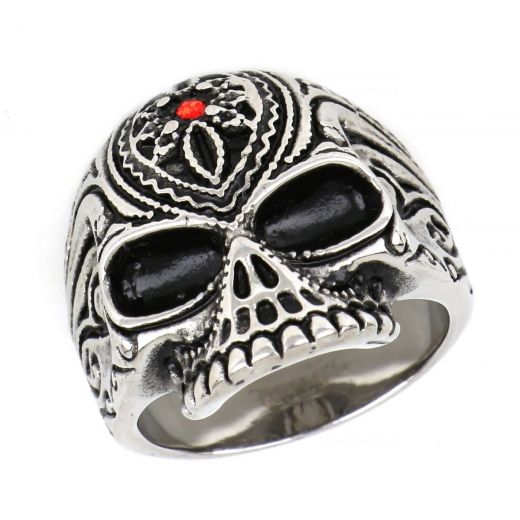 Skull ring made of stainless steel with embossed designs and one red cubic zircon.