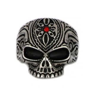 Skull ring made of stainless steel with embossed designs and one red cubic zircon. - 