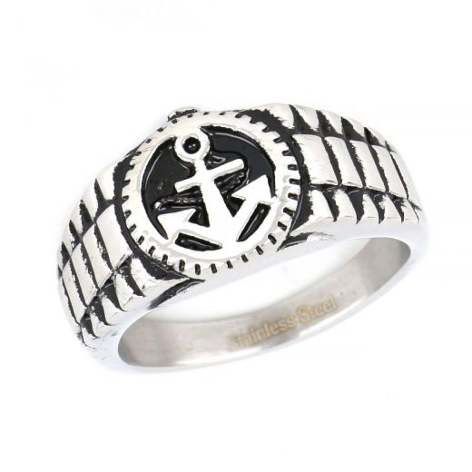 Ring made of stainless steel with embossed designs to the sides and embossed anchor.