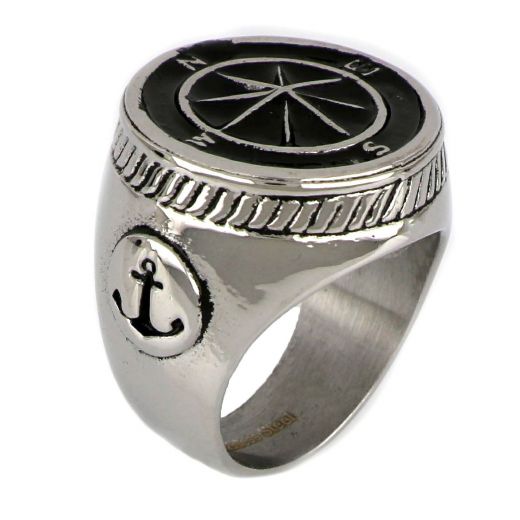 Ring made of stainless steel with embossed compass design.