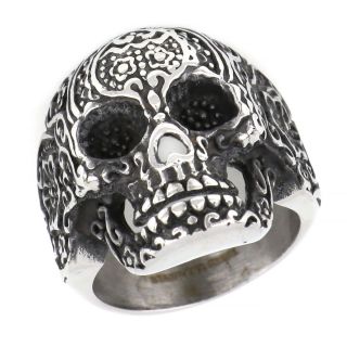 Skull ring made of stainless steel with embossed designs. - 