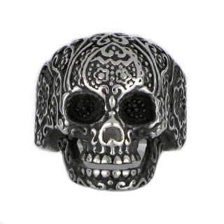 Skull ring made of stainless steel with embossed designs. - 