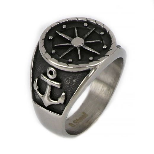 Ring made of stainless steel with anchor and compass.