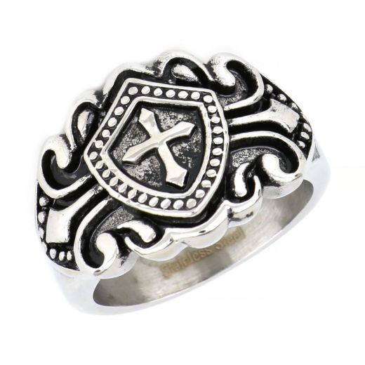 Ring made of stainless steel in shield shape and cross.