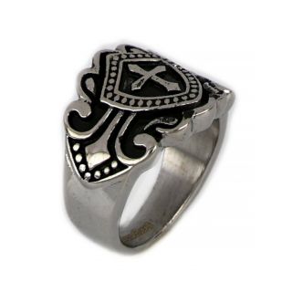 Ring made of stainless steel in shield shape and cross. - 