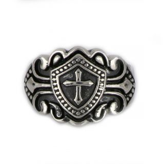 Ring made of stainless steel in shield shape and cross. - 