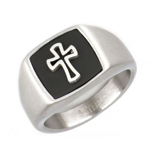 Ring made of two-tone stainless steel with cross.