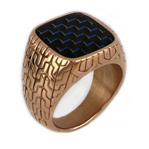 Stainless steel ring with rose gold plating & blue-black carbon fiber