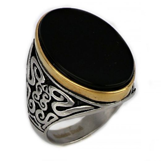 Stainless steel ring with oval black onyx