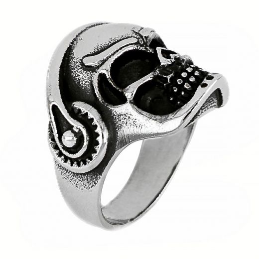 Stainless steel ring skull with headphones