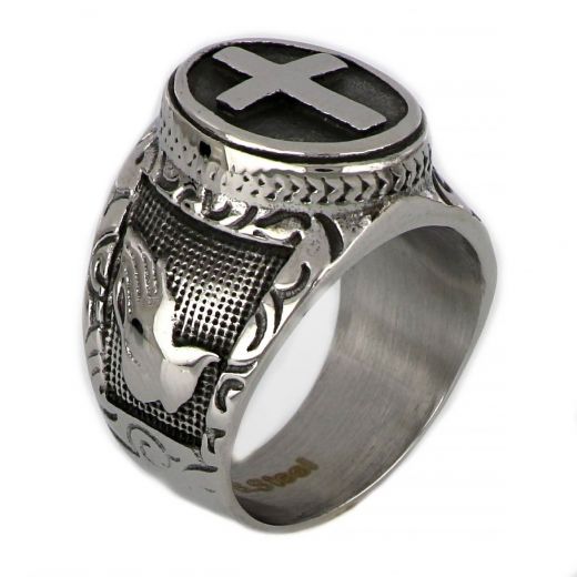 Stainless steel ring embossed design with a cross