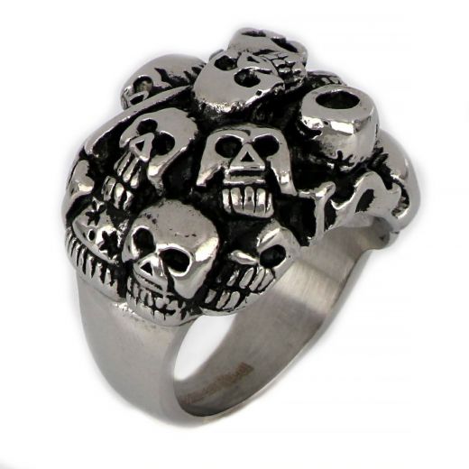 Stainless steel ring with many skulls