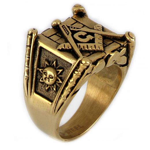 Stainless steel ring with gold-plated tectonic design