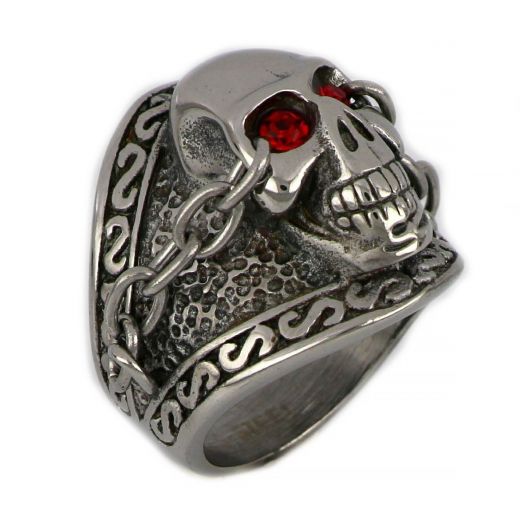 Stainless steel ring with skull design and red zircons