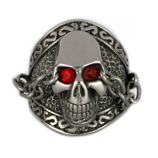Stainless steel ring with skull design and red zircons - 