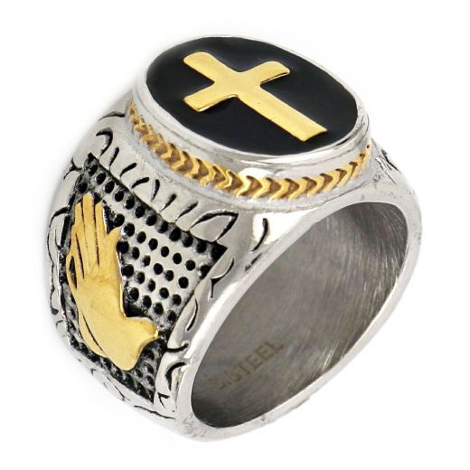 Stainless steel ring with embossed cross in gold color