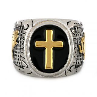 Stainless steel ring with embossed cross in gold color - 