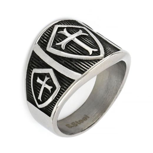 Stainless steel ring with knightly crosses