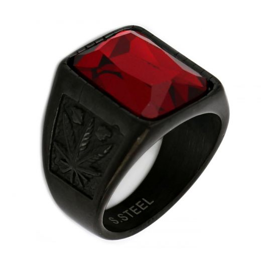 Black stainless steel ring with red crystal and hemp design