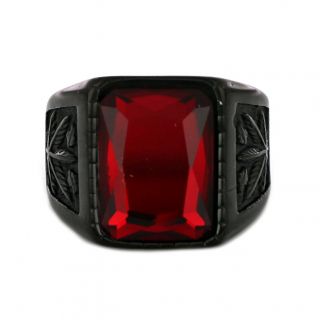 Black stainless steel ring with red crystal and hemp design - 
