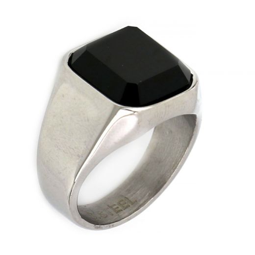 Ανδρικό δαχτυλίδι ατσάλινο απλό με μαύρο όνυχα