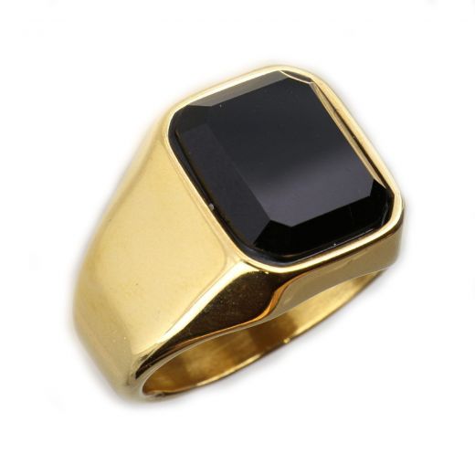 Ανδρικό δαχτυλίδι ατσάλινο απλό επίχρυσο με μαύρο όνυχα