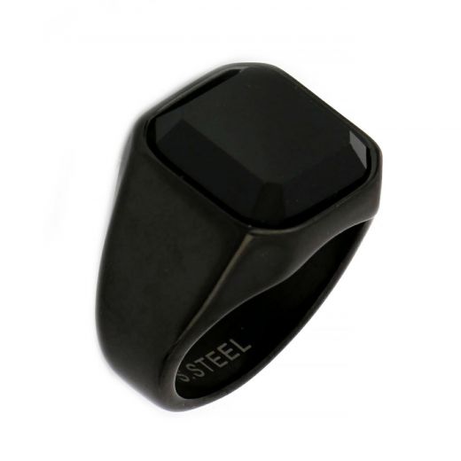 Stainless steel ring plain all-black glossy with Black Onyx!