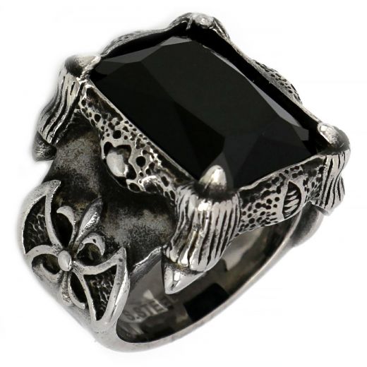 Stainless steel ring with embossed design and black crystal!