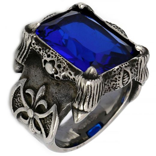 Stainless steel ring with embossed design and deep blue crystal!